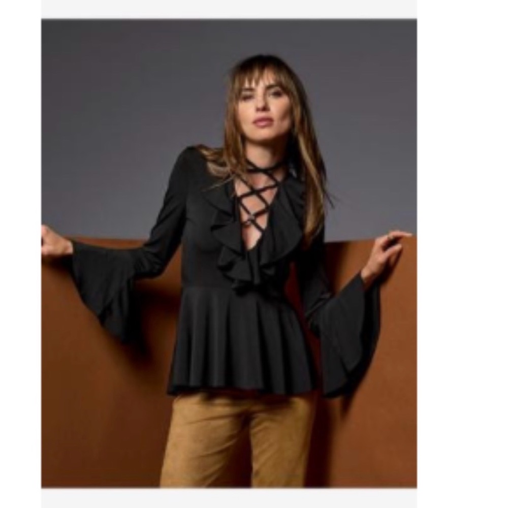 Boston Proper Black Lace-Up Ruffle Blouse